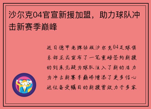 沙尔克04官宣新援加盟，助力球队冲击新赛季巅峰