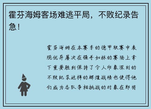 霍芬海姆客场难逃平局，不败纪录告急！